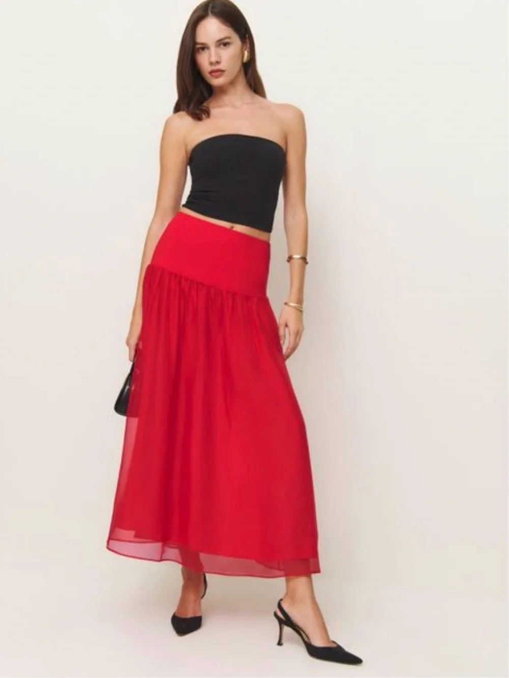 Reformation Red Nuria Midi Skirt with Sheer Overlay